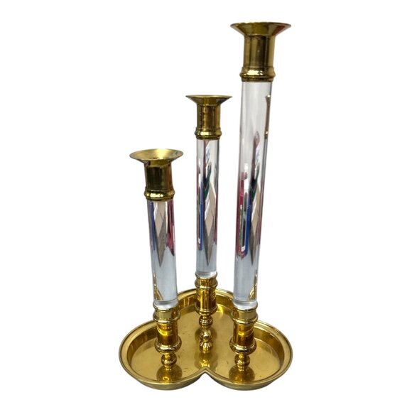 Ethan Allen 2 Vintage Lucite Brass Graduated Candle Holder Pair MCM Modernist - Picture 2 of 8